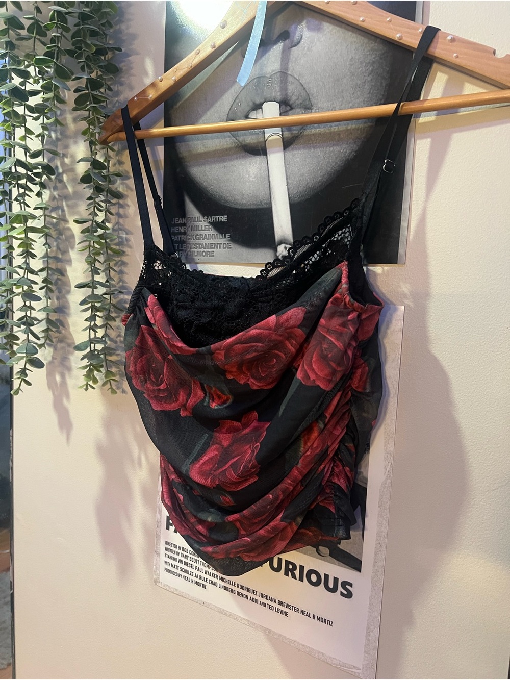 Source Unknown Black Slip with Red Rose Print and Lace Trim
